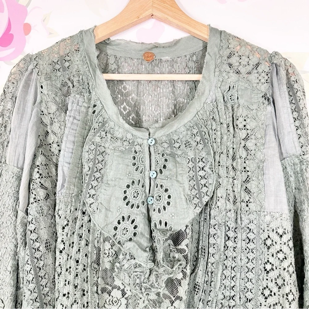 NEW Free People FP One Naya Lace Green Sea Spray Boho Blouse M